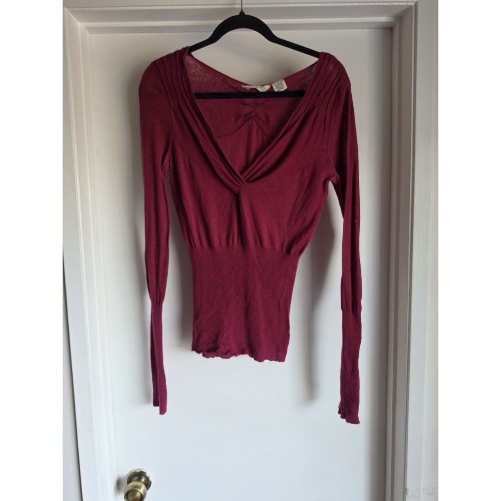 Anthropologie Lia Molly Sweater L Maroon V-Neck Merino Wool Angora Knit Top